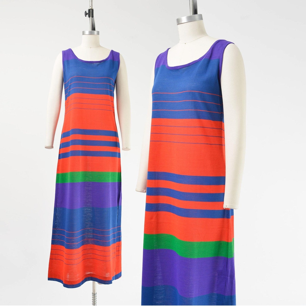 Vintage 70s Bold Striped Sundress Tank Top Sleeveless Knit Statement Maxi Dress